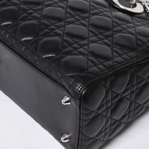 Very Good Condition Christian Dior Lady Dior Large Cannage 2WAY Handbag Black Leather Silver Hardware Used 4a000167