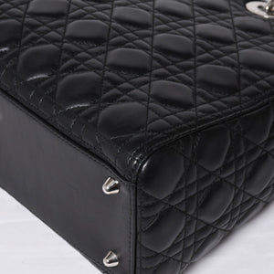 Very Good Condition Christian Dior Lady Dior Large Cannage 2WAY Handbag Black Leather Silver Hardware Used 4a000167