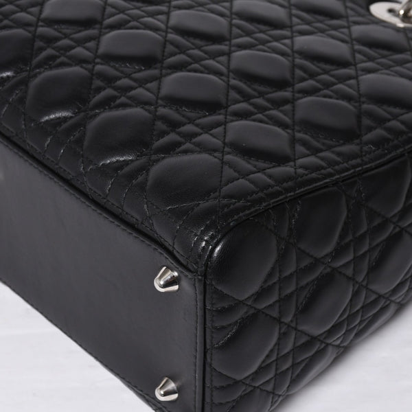 Very Good Condition Christian Dior Lady Dior Large Cannage 2WAY Handbag Black Leather Silver Hardware Used 4a000167