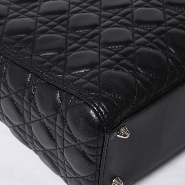 Very Good Condition Christian Dior Lady Dior Large Cannage 2WAY Handbag Black Leather Silver Hardware Used 4a000167