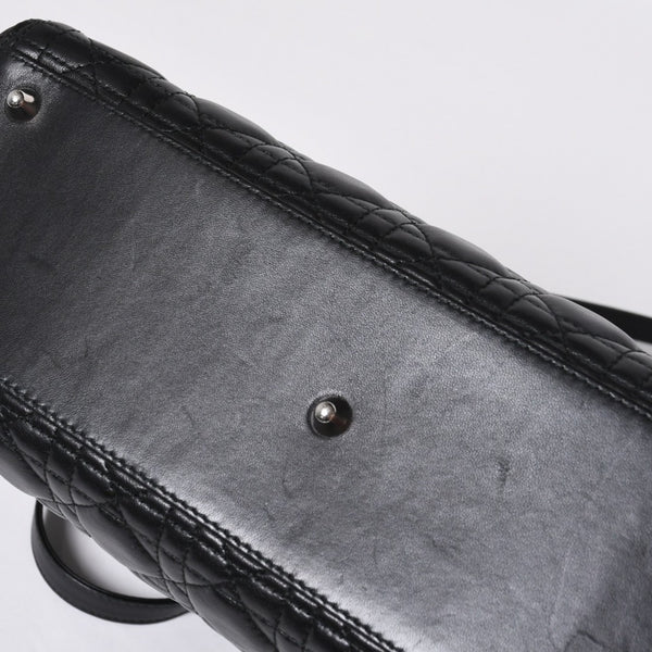 Very Good Condition Christian Dior Lady Dior Large Cannage 2WAY Handbag Black Leather Silver Hardware Used 4a000167