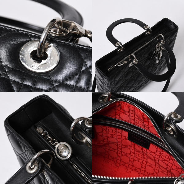 Very Good Condition Christian Dior Lady Dior Large Cannage 2WAY Handbag Black Leather Silver Hardware Used 4a000167