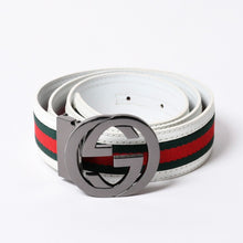 画像をギャラリービューアに読み込む, GUCCI グッチ インターロッキングG ベルト GGロゴ 121282 レザー ホワイト メタルブラック金具 美品 中古 4b014159