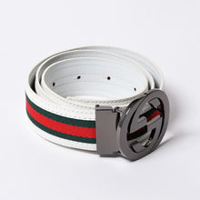 画像をギャラリービューアに読み込む, GUCCI グッチ インターロッキングG ベルト GGロゴ 121282 レザー ホワイト メタルブラック金具 美品 中古 4b014159