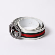 画像をギャラリービューアに読み込む, GUCCI グッチ インターロッキングG ベルト GGロゴ 121282 レザー ホワイト メタルブラック金具 美品 中古 4b014159