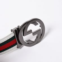 画像をギャラリービューアに読み込む, GUCCI グッチ インターロッキングG ベルト GGロゴ 121282 レザー ホワイト メタルブラック金具 美品 中古 4b014159