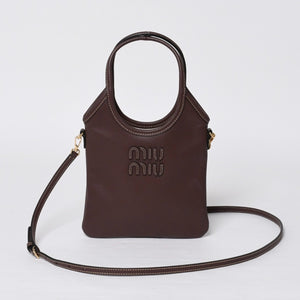 新品同様 MIUMIU ミュウミュウ IVY MINI アイビー ミニ 2WAYバッグ 5BA281 カーフレザー ロゴパッチ ブラウン ゴールド金具 中古 4a000043