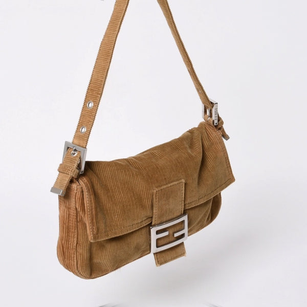 Very Good Condition FENDI Mamma Bucket Handbag 26424 Corduroy Beige Used 4a000159