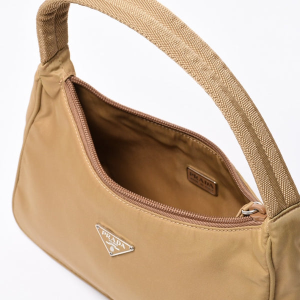 Very Good Condition PRADA Hobo One Shoulder Bag MV515 Triangle Logo Triangle Logo Plate Nylon Beige Used 4a000163