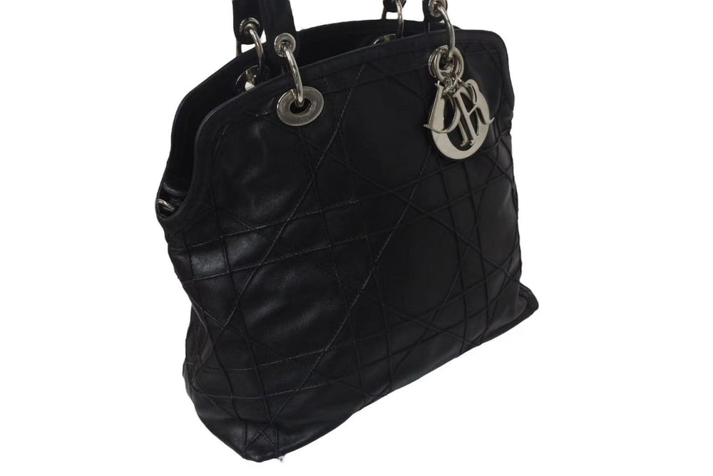 Christian Dior クリスチャンディオール グランヴィル ハンドバッグ 08-MA-0142 カナージュ ラムスキン ブラック 美品 中古 4b000163