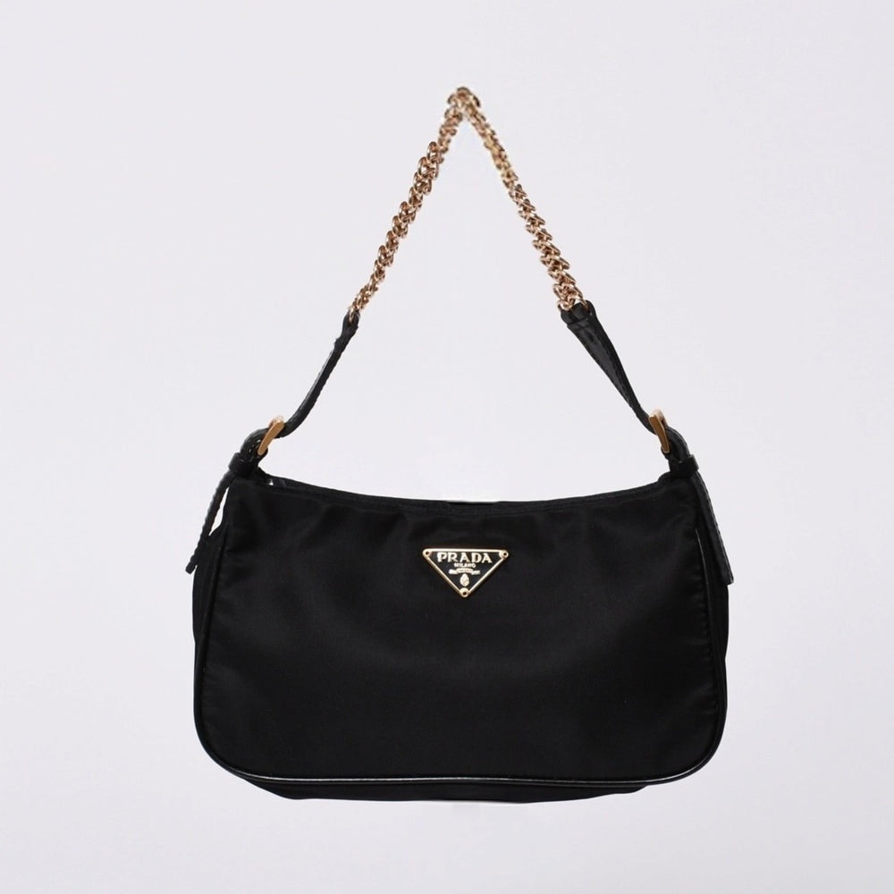 極美品 PRADA プラダ ホーボー ワンショルダーバッグ チェーンショルダーバッグ トライアングルロゴ ナイロン ブラック 中古 4a000143