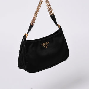 Very Good Condition PRADA Hobo One Shoulder Bag Chain Shoulder Bag Triangle Logo Nylon Black Used 4a000143