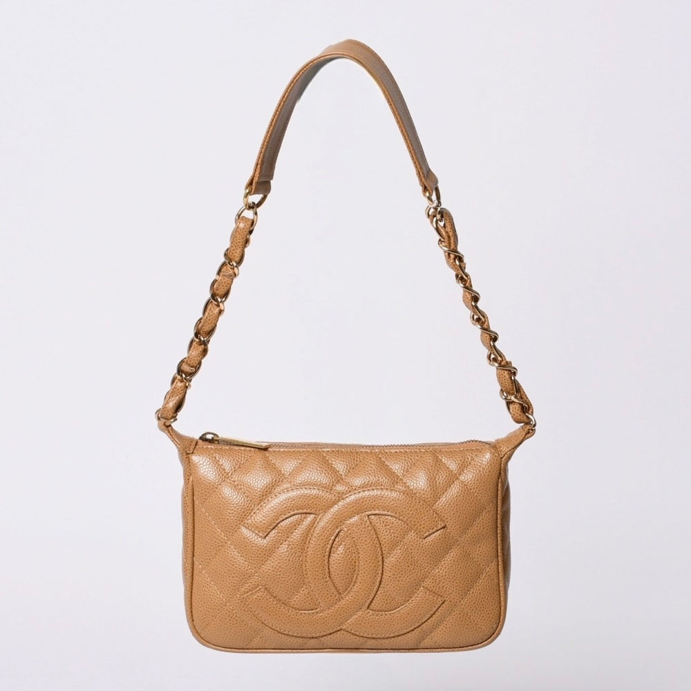 極美品 CHANEL シャネル 月見型 ワンショルダーバッグ スモール ポーチ キャビアスキン 8番台 ベージュ 中古 4a000152
