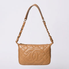 極美品 CHANEL シャネル 月見型 ワンショルダーバッグ スモール ポーチ キャビアスキン 8番台 ベージュ 中古 4a000152