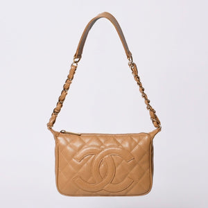 極美品 CHANEL シャネル 月見型 ワンショルダーバッグ スモール ポーチ キャビアスキン 8番台 ベージュ 中古 4a000152