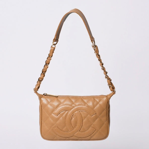 極美品 CHANEL シャネル 月見型 ワンショルダーバッグ スモール ポーチ キャビアスキン 8番台 ベージュ 中古 4a000152