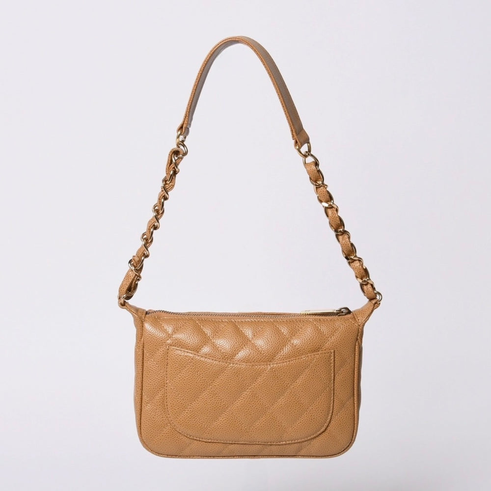 極美品 CHANEL シャネル 月見型 ワンショルダーバッグ スモール ポーチ キャビアスキン 8番台 ベージュ 中古 4a000152