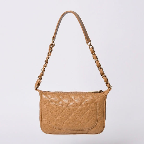 極美品 CHANEL シャネル 月見型 ワンショルダーバッグ スモール ポーチ キャビアスキン 8番台 ベージュ 中古 4a000152