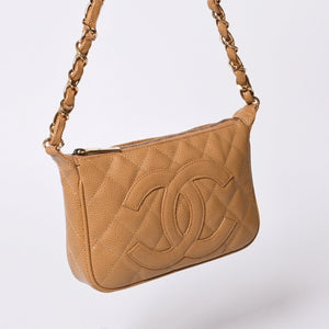 極美品 CHANEL シャネル 月見型 ワンショルダーバッグ スモール ポーチ キャビアスキン 8番台 ベージュ 中古 4a000152