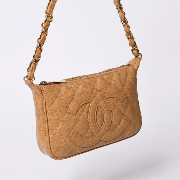 極美品 CHANEL シャネル 月見型 ワンショルダーバッグ スモール ポーチ キャビアスキン 8番台 ベージュ 中古 4a000152