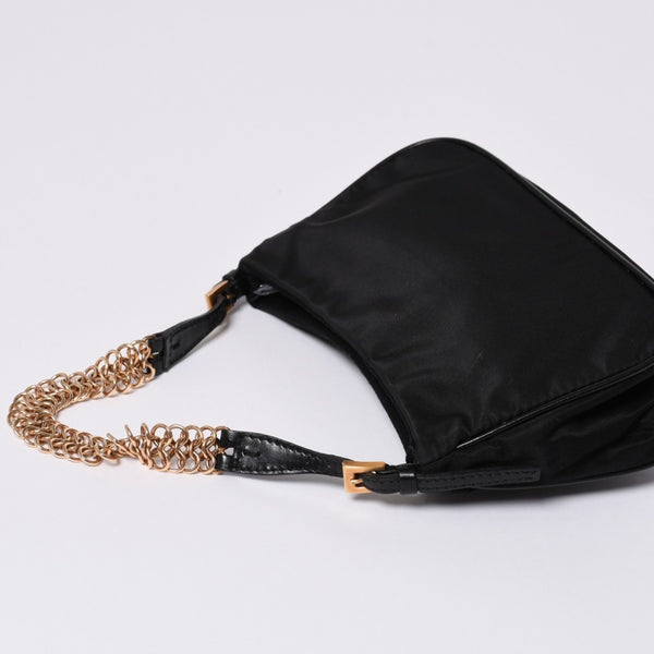 Very Good Condition PRADA Hobo One Shoulder Bag Chain Shoulder Bag Triangle Logo Nylon Black Used 4a000143