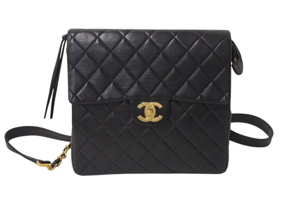 CHANEL Chanel Matelasse Lambskin Chain Square Backpack Coco Mark Black Gold Hardware Good Condition Used 4b000272