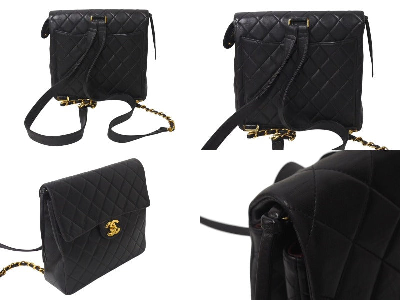CHANEL Chanel Matelasse Lambskin Chain Square Backpack Coco Mark Black Gold Hardware Good Condition Used 4b000272