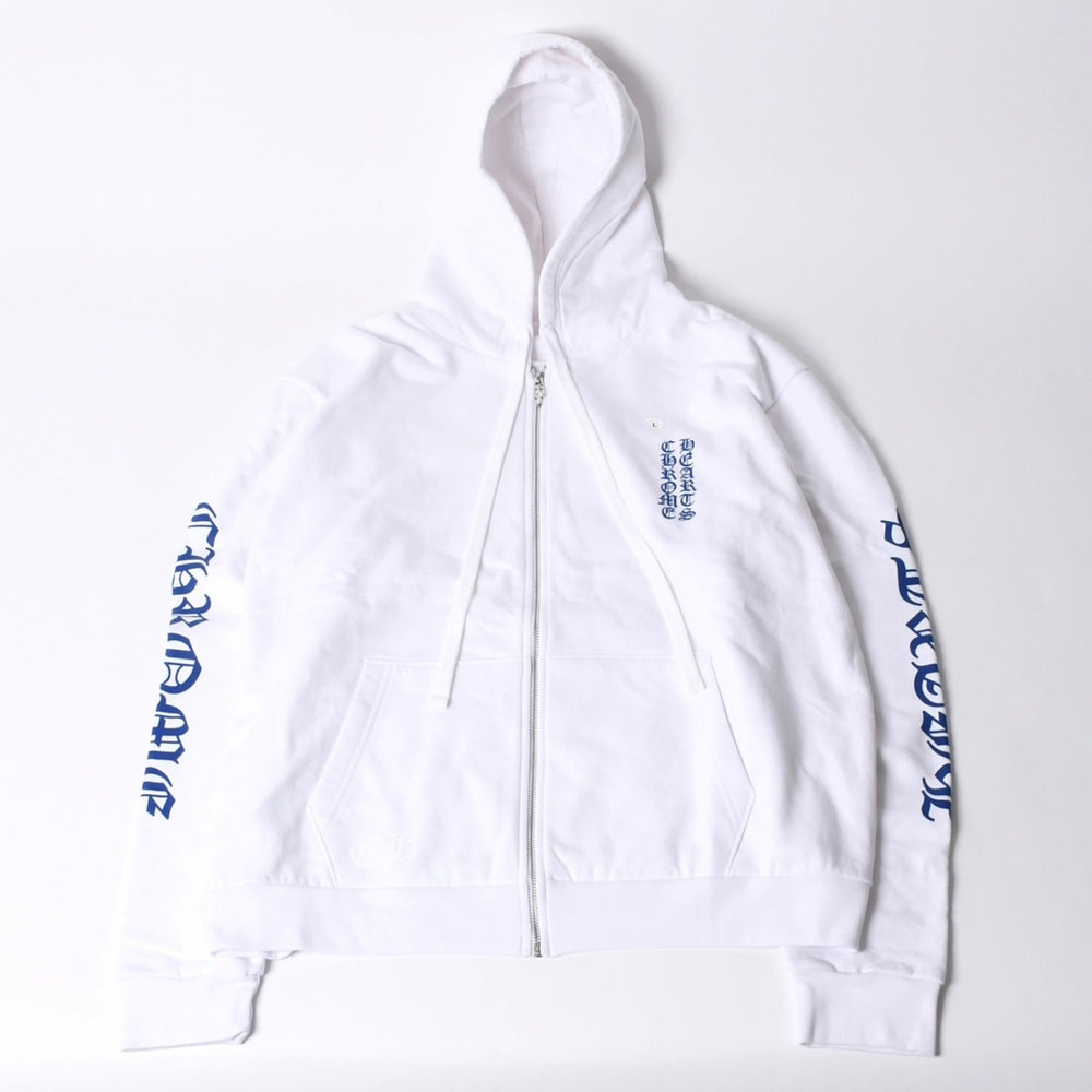 New and unused CHROME HEARTS Logo Print Dagger Zip Parka Size L White Blue Used 4b000436