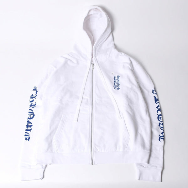 New and unused CHROME HEARTS Logo Print Dagger Zip Parka Size L White Blue Used 4b000436