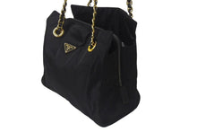画像をギャラリービューアに読み込む, PRADA プラダ チェーンショルダーバッグ トートバッグ ハンドバッグ トライアングルロゴ B4394 ブラック ゴールド金具 美品 中古 4b000355