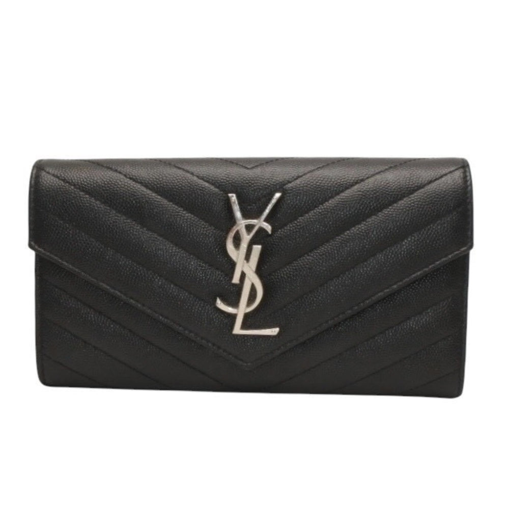 極美品 YVES SAINT LAURENT イヴ サンローラン ラージフラップ ウォレット 長財布 ブラック シルバー金具 372264 中古 4a000492