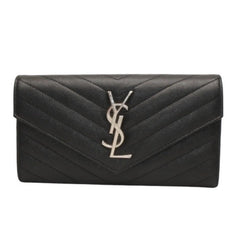 極美品 YVES SAINT LAURENT イヴ サンローラン ラージフラップ ウォレット 長財布 ブラック シルバー金具 372264 中古 4a000492
