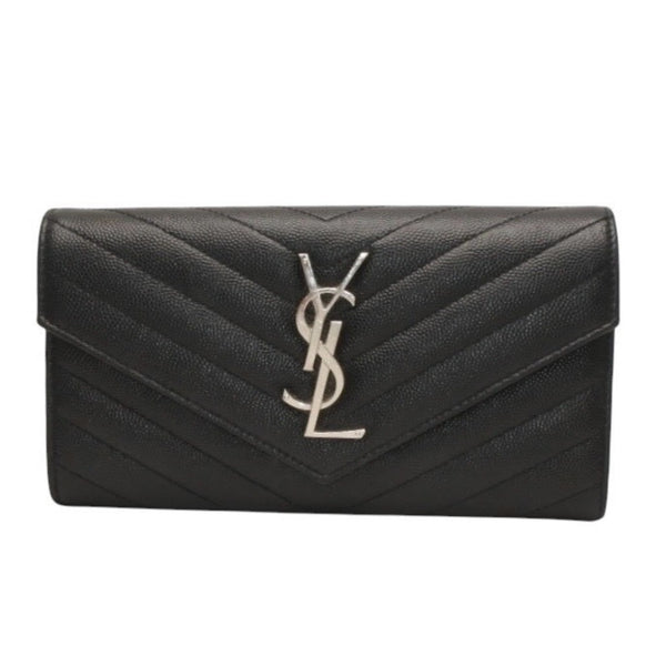 極美品 YVES SAINT LAURENT イヴ サンローラン ラージフラップ ウォレット 長財布 ブラック シルバー金具 372264 中古 4a000492