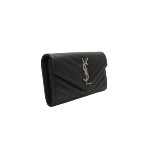 極美品 YVES SAINT LAURENT イヴ サンローラン ラージフラップ ウォレット 長財布 ブラック シルバー金具 372264 中古 4a000492
