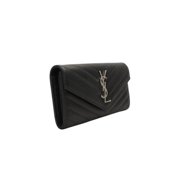 極美品 YVES SAINT LAURENT イヴ サンローラン ラージフラップ ウォレット 長財布 ブラック シルバー金具 372264 中古 4a000492