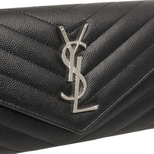 極美品 YVES SAINT LAURENT イヴ サンローラン ラージフラップ ウォレット 長財布 ブラック シルバー金具 372264 中古 4a000492