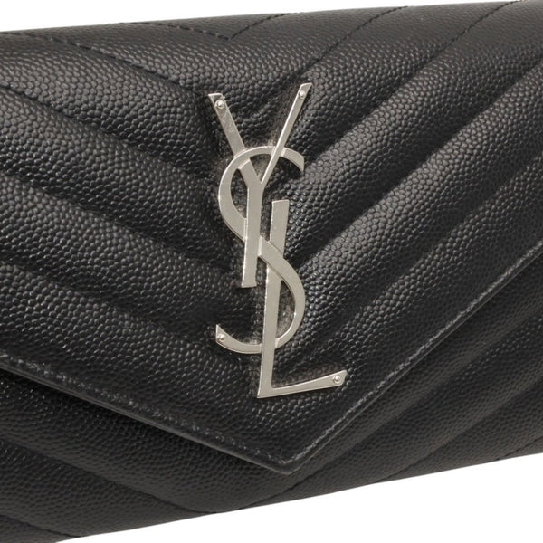 極美品 YVES SAINT LAURENT イヴ サンローラン ラージフラップ ウォレット 長財布 ブラック シルバー金具 372264 中古 4a000492