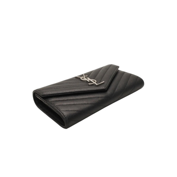 極美品 YVES SAINT LAURENT イヴ サンローラン ラージフラップ ウォレット 長財布 ブラック シルバー金具 372264 中古 4a000492