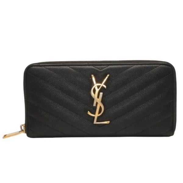 YVES SAINT LAURENT イヴ サンローラン ウォレット 長財布 ブラック V字キルティング 358094 ゴールド金具 美品 中古 4a000467