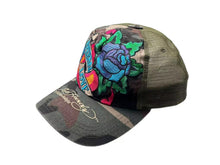 Load image into Gallery viewer, Ed Hardy エドハーディー Audigier エターナルラブ 刺繍 メッシュキャップ 帽子 デニム カモ グリーン 美品 中古 4b000518