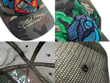 Load image into Gallery viewer, Ed Hardy エドハーディー Audigier エターナルラブ 刺繍 メッシュキャップ 帽子 デニム カモ グリーン 美品 中古 4b000518