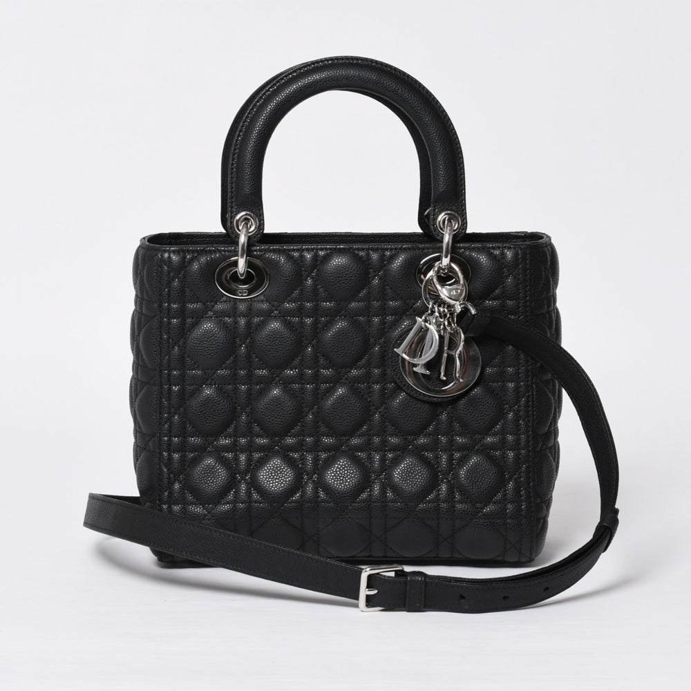極美品 Christian Dior クリスチャンディオール レディディオール カナージュ ミディアム 2WAY M0565PWRT_M900 ブラック 中古 4a000050