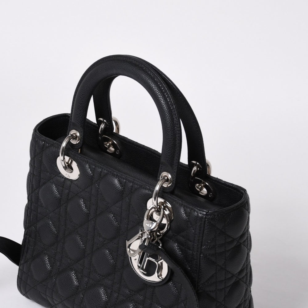 極美品 Christian Dior クリスチャンディオール レディディオール カナージュ ミディアム 2WAY M0565PWRT_M900 ブラック 中古 4a000050
