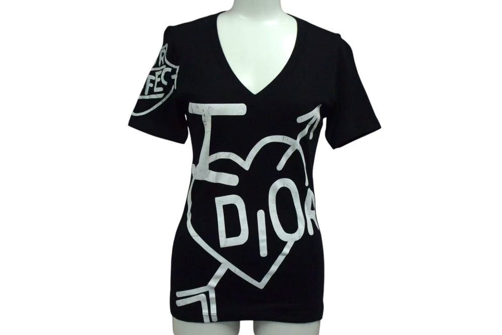 Christian Dior Christian Dior Short Sleeve V-neck T-shirt 4A16155957 Black White Cotton Good Used 4b000534