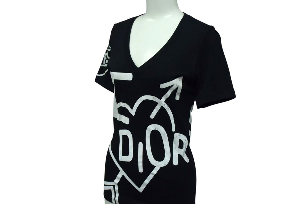 Christian Dior Christian Dior Short Sleeve V-neck T-shirt 4A16155957 Black White Cotton Good Used 4b000534