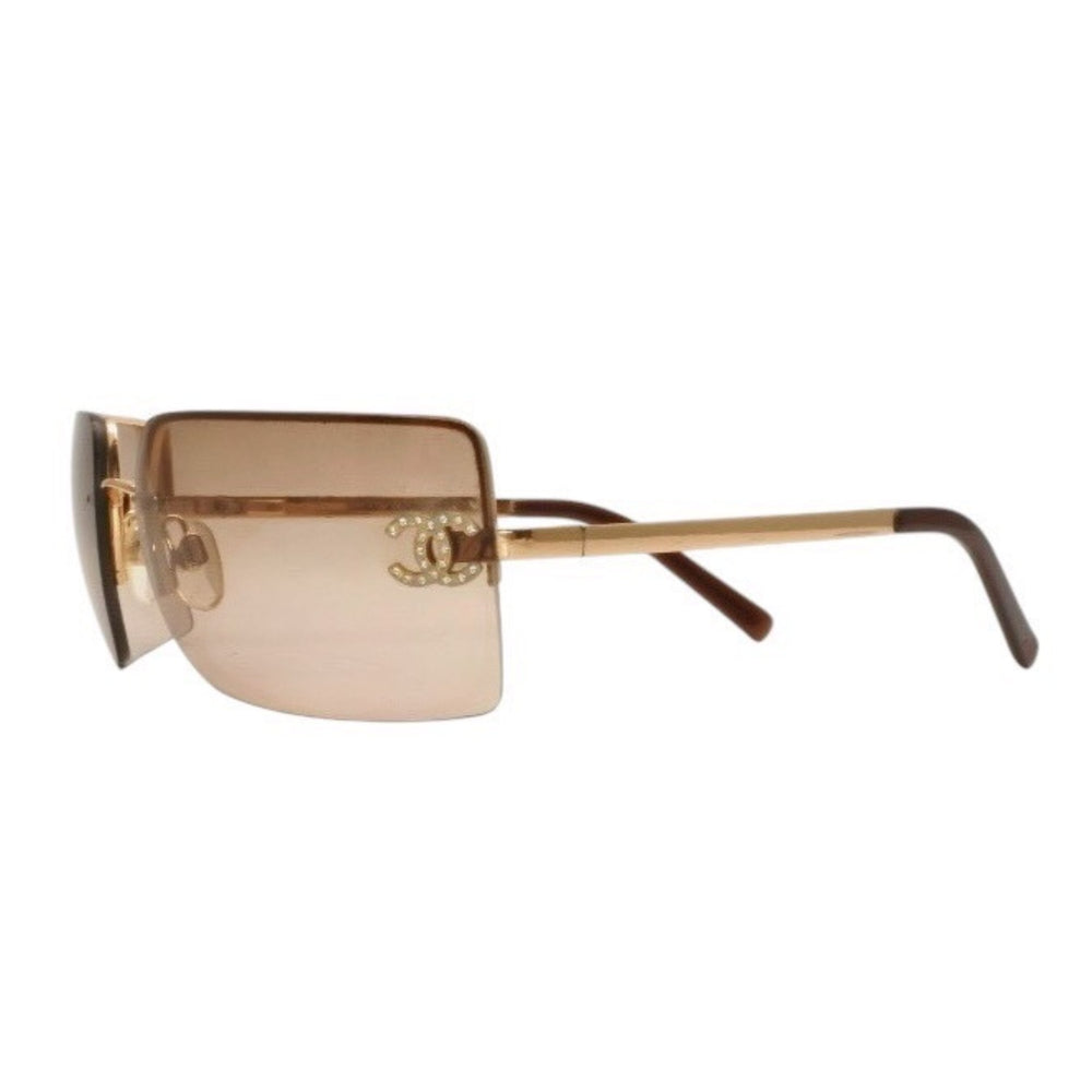 CHANEL Half Rim Sunglasses Eyewear 4092-B c.125/13 Size 62□15 120 Coco Mark Rhinestone Brown Good Condition Used 4a000606