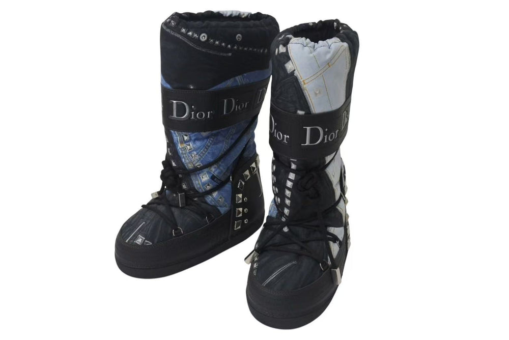 Very Good Condition Christian Dior Snow Boots Galliano Period Trompe L'oeil Denim 00FW Size 35-37 Archive Used 4b000921