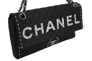 極美品 CHANEL シャネル マトラッセ デカココロゴ チェーンショルダーバッグ シングルフラップ 11番台 ブラック ホワイト シルバー金具 中古 4b010893