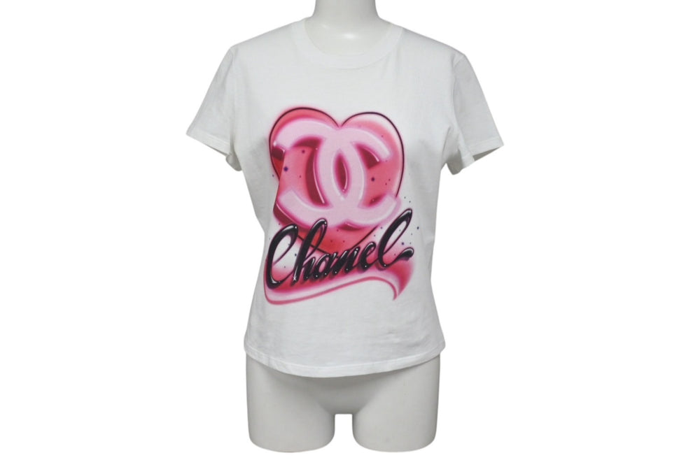 CHANEL Heart here mark short sleeve T-shirt P74383K10851 Size XS Spray Rhinestone Pink White Good Condition Used 4b001109