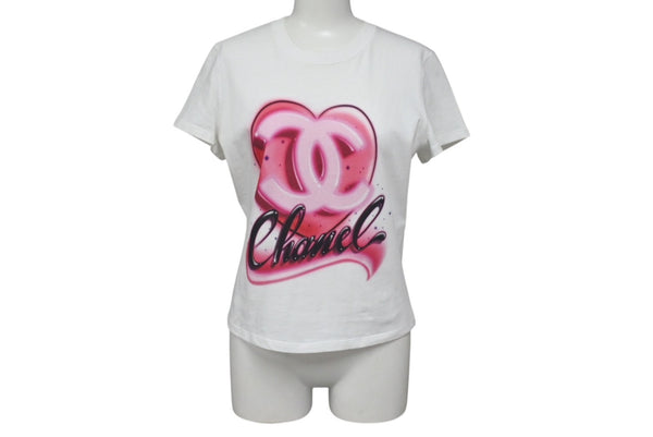 CHANEL Heart here mark short sleeve T-shirt P74383K10851 Size XS Spray Rhinestone Pink White Good Condition Used 4b001109